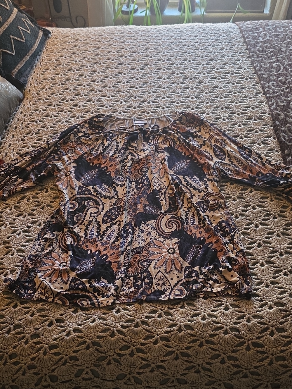 LuLaRoe Paisley Blouse in Navy & Tan